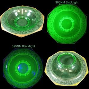1x Vintage Large Green Uranium Glass Footed Bowl dish 12" Etched Gold Trim GLOW